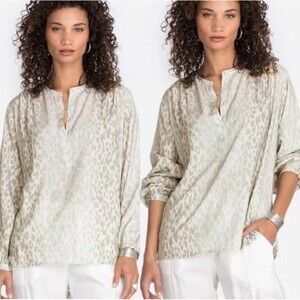 Johnny Was Calme Post Yoga Pullover Blouse Beige Cheetah Print Size XL Oversized
